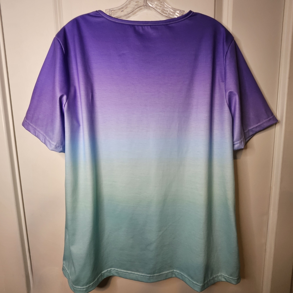 Women's Tunic Purple Blue Ombre V Neck Babydoll Top XL Flowing Summer Tee Sheen - Picture 3 of 8